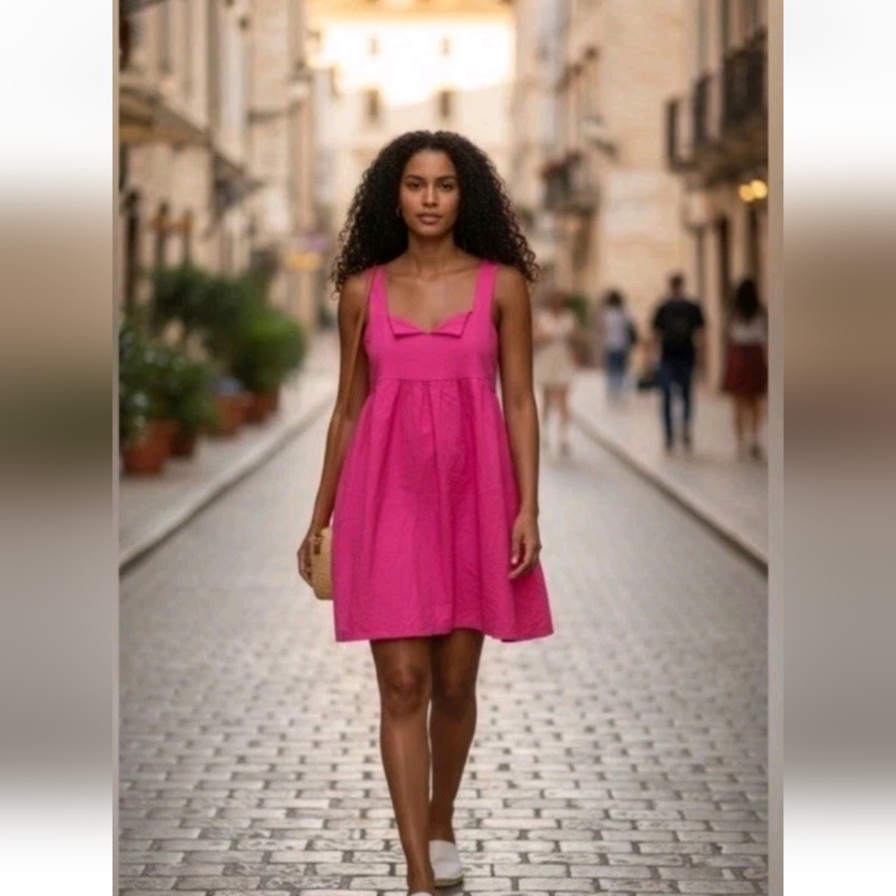 Daily Practice Anthropologie Pink Fuscia Split Neck Mini Dress Large Small NWT